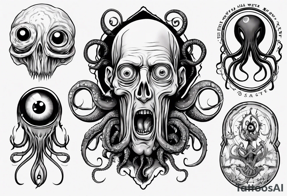 lovecraft them with eye on hand and tentacle on finger tattoo idea