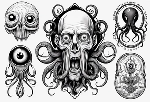 lovecraft them with eye on hand and tentacle on finger tattoo idea