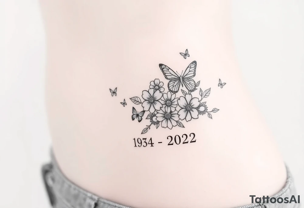 flowers and butterflies with the name “NANA” and the date “1954-2022” mixed all together on the side of the rib cage tattoo idea