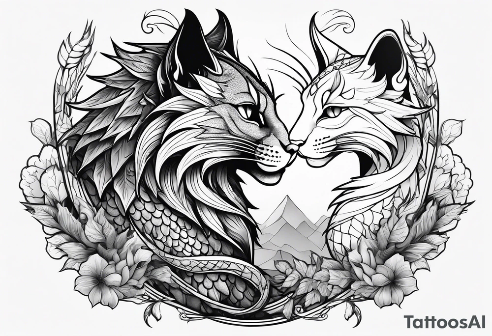 cat and dragon facing each other with nature background tattoo idea cat and dragon facing each other with nature background tattoo idea