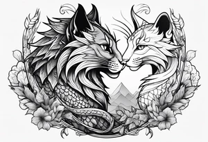 cat and dragon facing each other with nature background tattoo idea