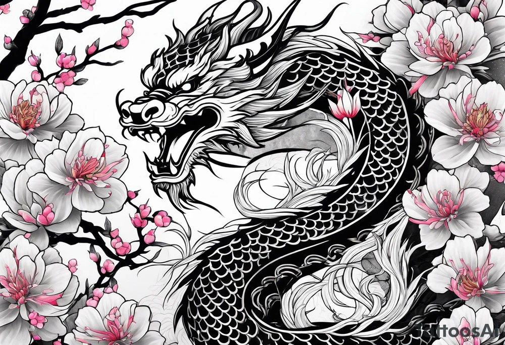 chinese dragon with sakura flowers tattoo idea