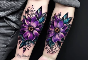 Forearm tattoo with purple flowers to always remember my grandma that passed away with heaven things added like clouds and stairs. tattoo idea
