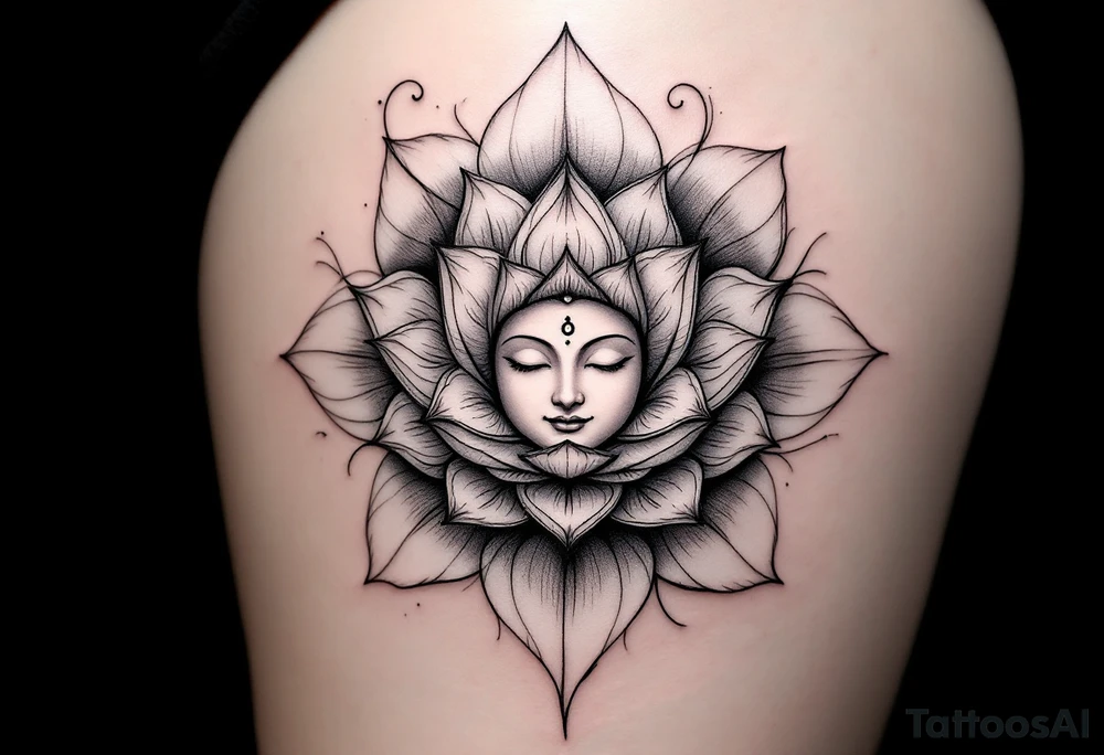 "Sacred Circle of the Lotus" – A delicate lotus flower in a circular shape, with the petals soft and flowing outward. In the center, a subtle Buddha's face or a small Om symbol to represent inner peace and enlightenment. tattoo idea