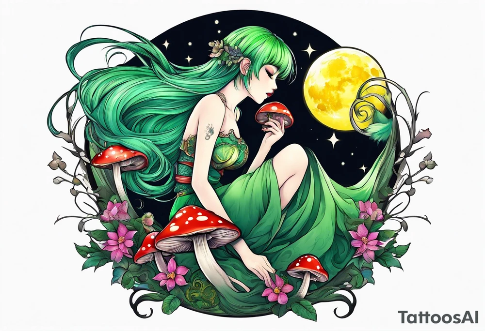 fairy with green hair, eating a mushroom under the moon, tripping balls tattoo idea