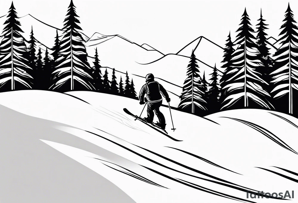 minimalist tattoo of a snow skier sking through trees showing ski trail tattoo idea