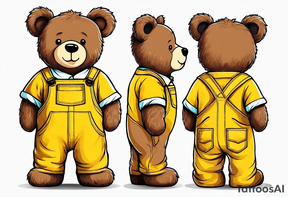 the back of a standing, skinny, brown ,
teddy bear in long, yellow overalls tattoo idea