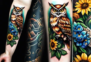 A lower forearm sleeve full colour owl light house with honeycomb filler. With sunflowers pinecone, honey suckles and sweet pea flowers. tattoo idea