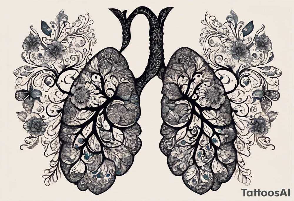 intricate and artistic arrangement of flowers and ornamental patterns that come together to form the shape of human lungs. The design should have a balance of delicacy and detail, with vibrant floral elements seamlessly intertwining to mimic the structure of the lungs, including the bronchi branching into floral motifs. Incorporate subtle shading and depth to give the tattoo a dynamic and organic feel, while maintaining elegance and symmetry, embraced by an octopus and butterflies flying around tattoo idea