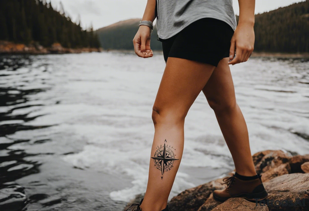 A half sleeve tattoo that features the quote **"Not all who wander are lost"** in elegant script on the outer forearm. Surrounding it are a compass rose and flowing elements like mountains, waves, and trees, symbolizing adventure and nature. Small travel icons like a plane and backpack are interspersed, enhancing the theme of exploration. The design uses a dynamic look that wraps naturally around your forearm. tattoo idea