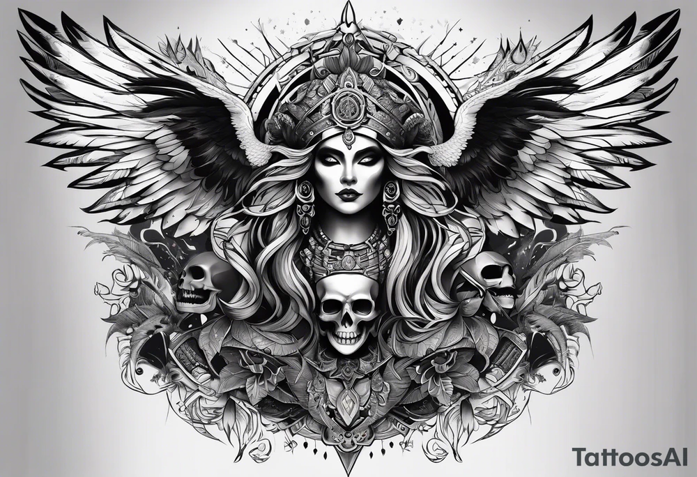 black kali, goddess pirate, alien, pachamama, valkrye, warrior, skull, lotus azul, wing, eagle, zenza resonance, stars, one side chest tattoo idea