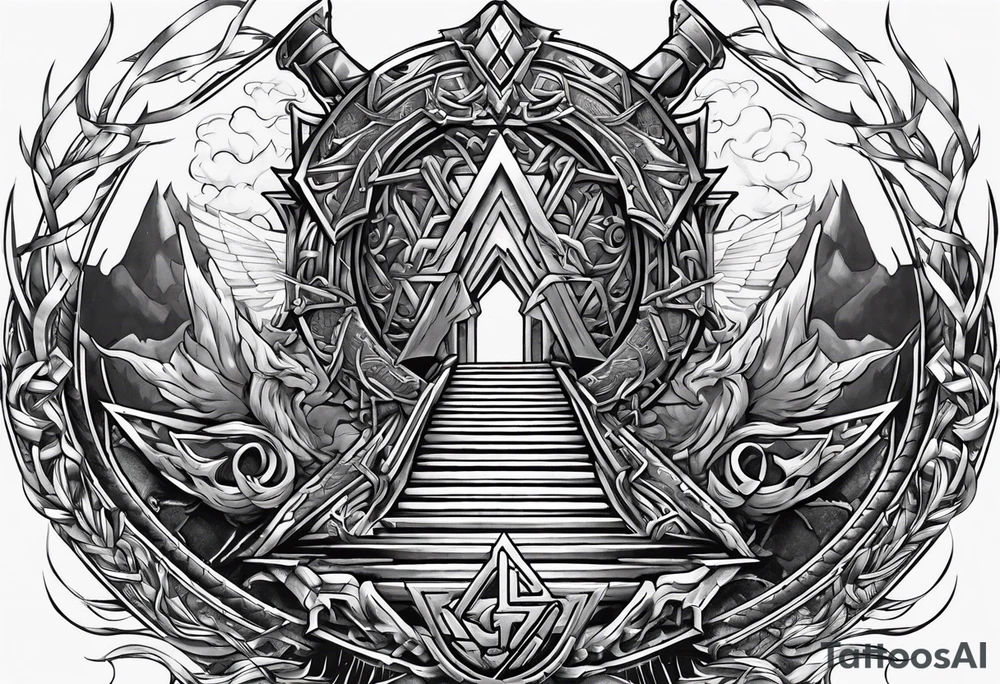Valhalla sword shield dragon axe stairs Valknut barbed wire chains valknut fire tattoo idea Valhalla sword shield dragon axe stairs Valknut barbed wire chains valknut fire tattoo idea