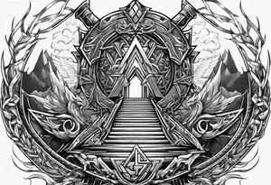 Valhalla sword shield dragon axe stairs Valknut barbed wire chains valknut fire tattoo idea