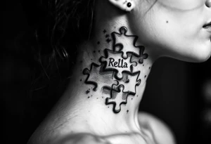 side of the neck puzzle piece tattoo where one of the pieces says Rella tattoo idea