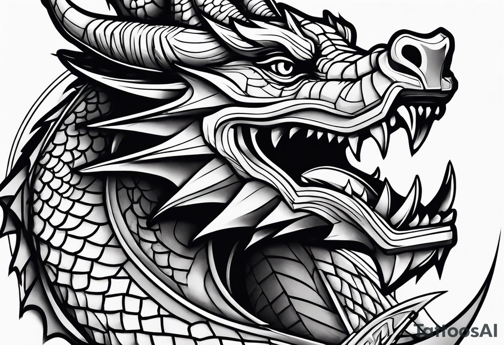 Dragon with dumbbell in mouth tattoo idea