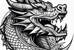 Dragon with dumbbell in mouth tattoo idea