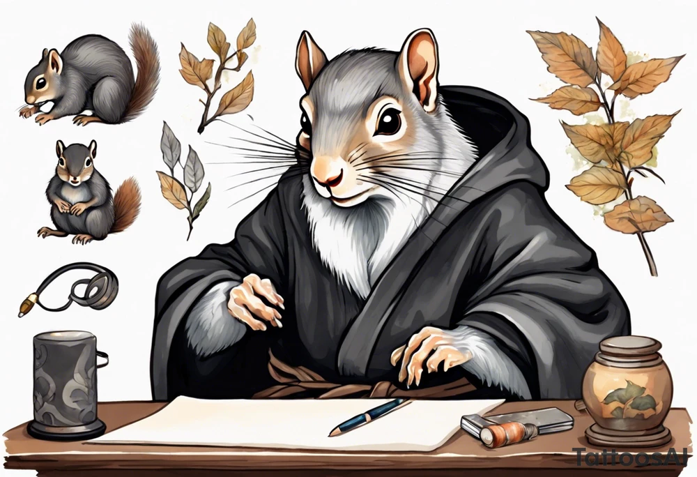 an elderly grey squirrel with a long beard wearing a black robe witting at a desk tattoo idea