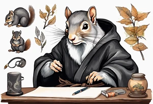 an elderly grey squirrel with a long beard wearing a black robe witting at a desk tattoo idea