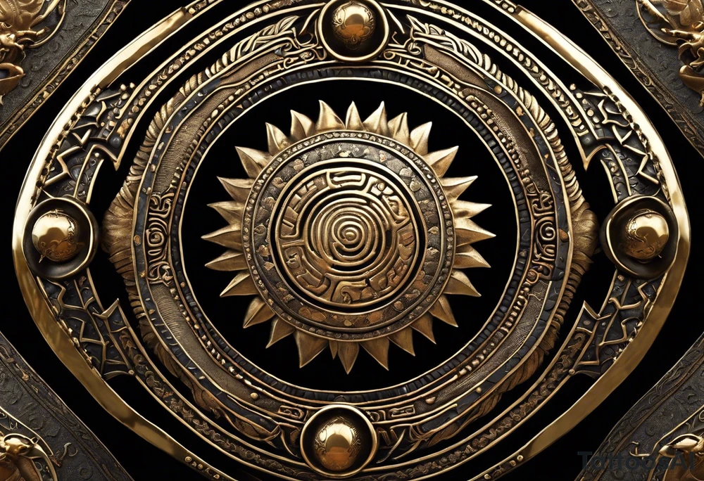 A shield with intricate patterns and engravings, adorned with coiled snakes and scorpions underneath. Rays of light emanate from the shield, signifying spiritual power.Contrast: Bold outlines for the shield and creatures, with detailed patterns.
Detail: Delicately depict the scales of snakes and the segmented bodies of scorpions. tattoo idea