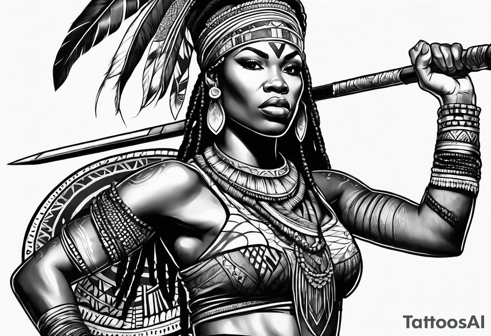 African woman warrior handing a spear tattoo idea