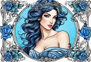 Aphrodite is the goddess of love, with a seaside background, surrounded by birds.. blue roses frames, background blue,present it in a tattoo, black hair, love motives tattoo idea