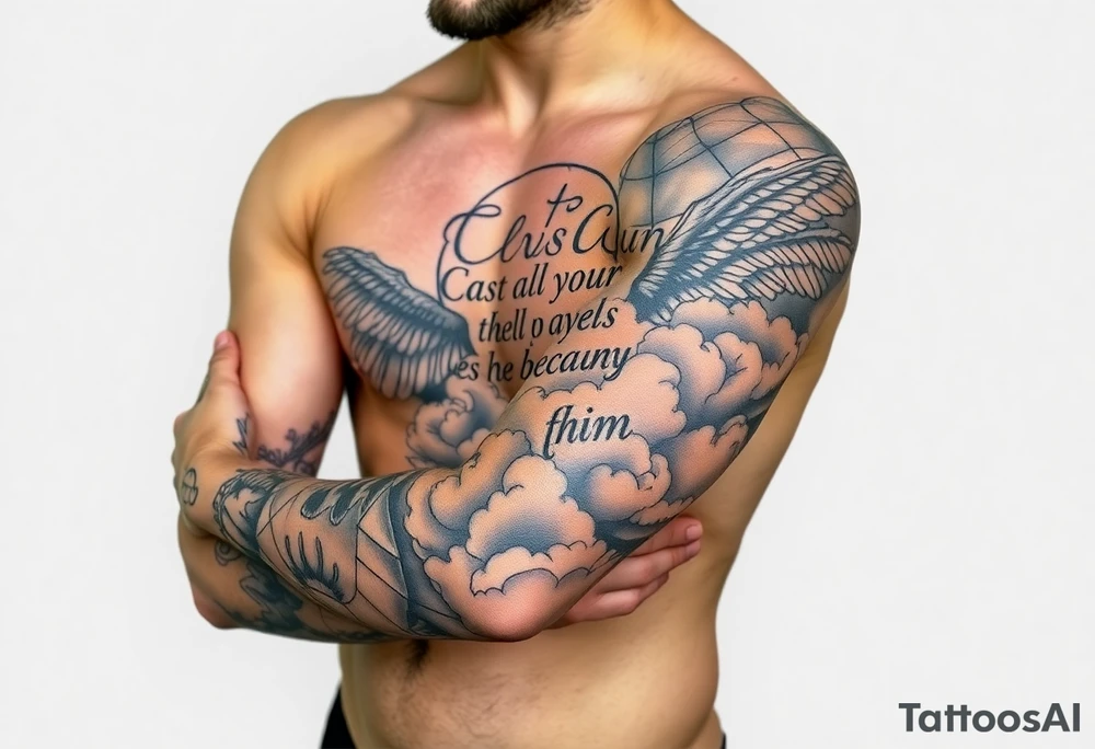 cast all your anxiety on him because he cares for you" with angels and clouds and hands tattoo idea