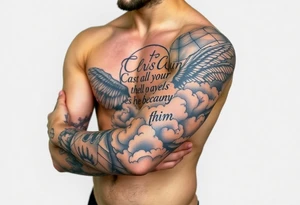 cast all your anxiety on him because he cares for you" with angels and clouds and hands tattoo idea