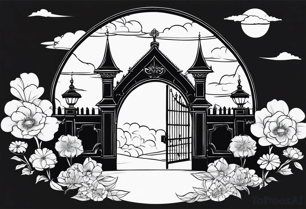 night medieval town garden gate entrance
in circle vignette surrounded by clouds floral tattoo idea
