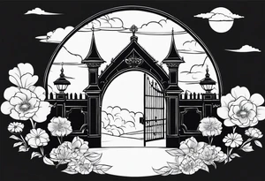 night medieval town garden gate entrance 
 in circle vignette surrounded by clouds floral tattoo idea