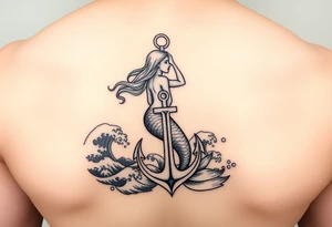 mermaid and waves with an anchor tattoo idea