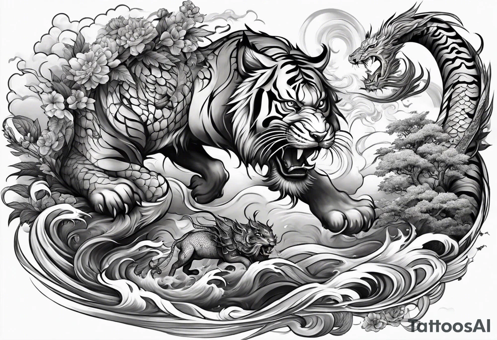 Tiger fighting a water dragon and lion tattoo idea