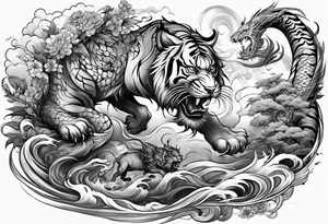 Tiger fighting a water dragon and lion tattoo idea