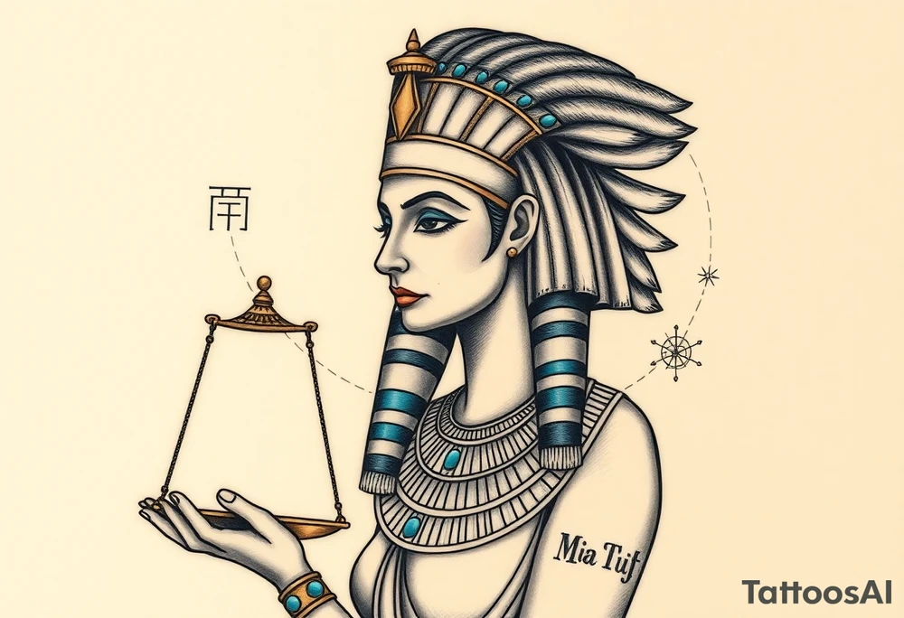 Super realistic tattoo design of the Egyptian goddess Ma’at, depicted as a serene and regal woman with an elegant ostrich feather on her head symbolizing truth and balance, wearing traditional ancient Egyptian attire with intricate gold and turquoise jewelry, holding scales of justice in one hand. The design features detailed facial features with soft natural lighting, realistic skin texture, and subtle shading to emphasize depth and dimension. Background elements include faint hieroglyphics and cosmic symbols representing order and harmony. Style: hyper-realistic, high detail, focused on symbolism and spiritual essence, suitable for upper arm or chest tattoo. tattoo idea