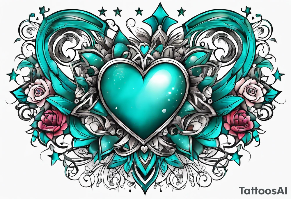Hearts and stars the name "Drew" teal tattoo idea