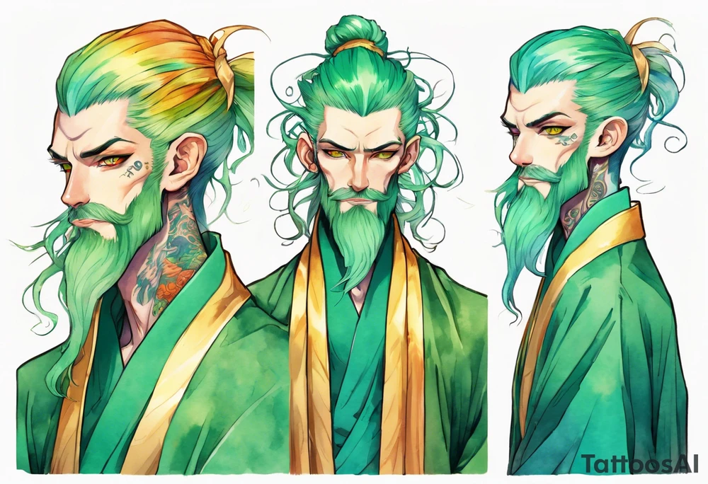 A tall, slender, beautiful man with green skin, He is tall and slender, with pale green skin, long rainbow hair, and a gold and green beard. Amber colored eyes. Wearing a teal monastic robe. tattoo idea