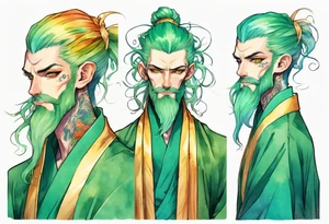 A tall, slender, beautiful man with green skin, He is tall and slender, with pale green skin, long rainbow hair, and a gold and green beard. Amber colored eyes. Wearing a teal monastic robe. tattoo idea