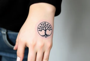 A tree in a circle,
 with fee leaves, with a spiral line moving outward, as its roots tattoo idea