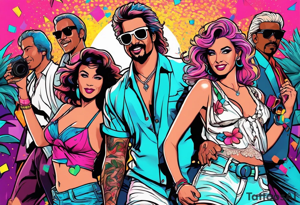 1980's miami vice style beach dance 
party, include confetti, music notes, boom box tattoo idea