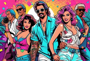 1980's miami vice style beach dance 
party, include confetti, music notes, boom box tattoo idea