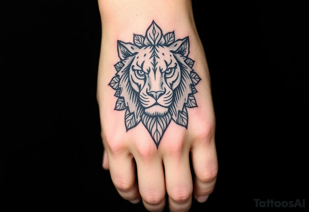 A tattoo for the upper hand with a realistic lion head with mandala patterns around it that covers the hands and a small part of the fingers. tattoo idea