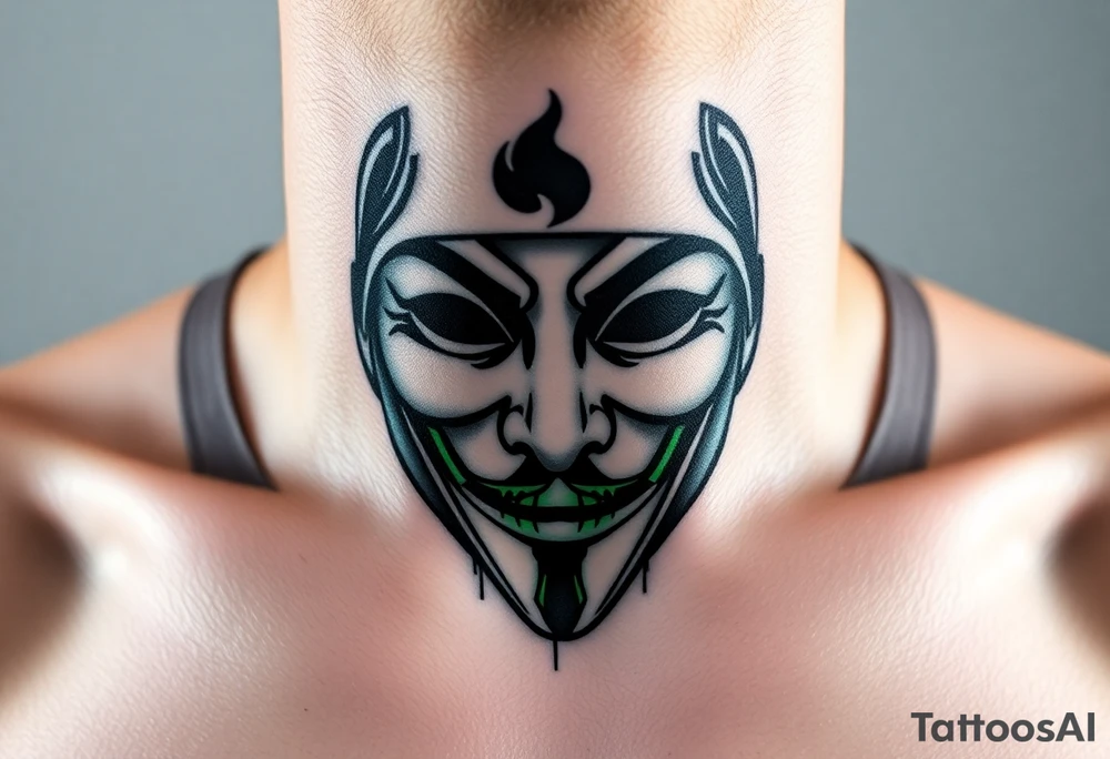 Anonymous hacker mask tattoo green and black color black hat hacker front neck tattoo idea