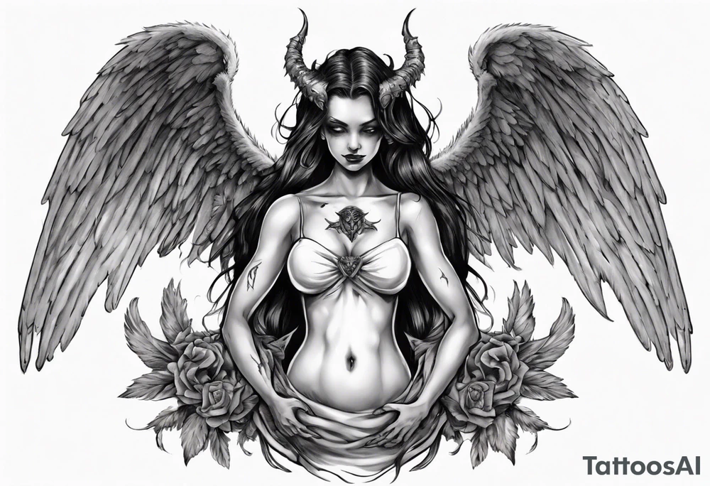 Demon holding an angel around her waist with her Hali in his hands. He has angel wings, she has demon wings. tattoo idea