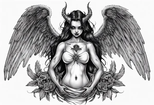 Demon holding an angel around her waist with her Hali in his hands. He has angel wings, she has demon wings. tattoo idea