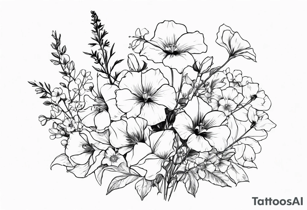 a vertical flower bouquet including sweet pea, larkspur, morning glory and cosmos tattoo idea
