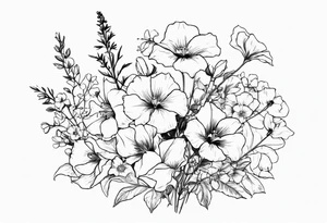 a vertical flower bouquet including sweet pea, larkspur, morning glory and cosmos tattoo idea
