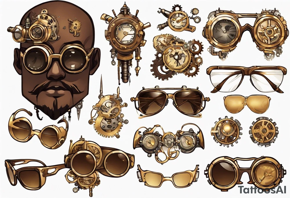 Steampunk
Anime
Gold
Brown
Sunglasses 
Mechanical devices
Leather
People tattoo idea