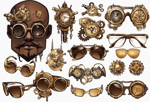 Steampunk
Anime
Gold
Brown
Sunglasses 
Mechanical devices
Leather
People tattoo idea