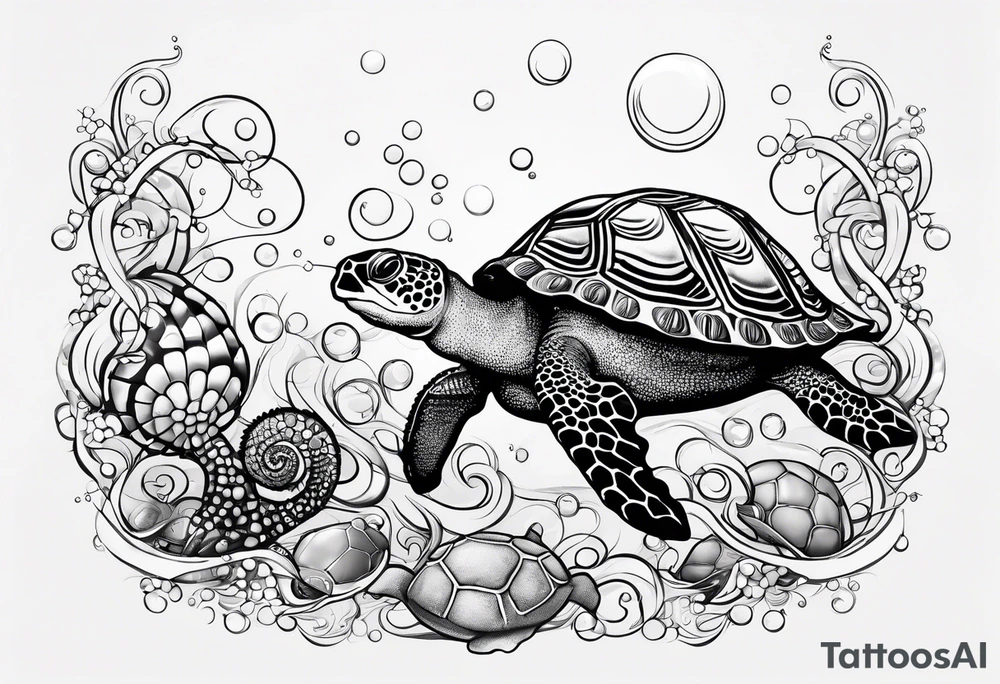 Small Starfish, Seahorse and turtle in a vertical line with bubbles tattoo idea