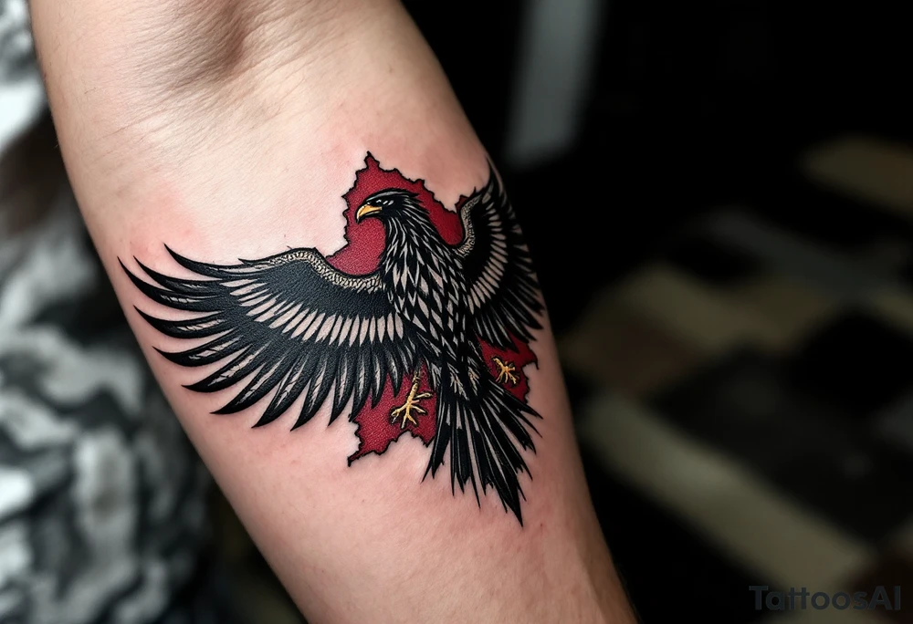 Silesian Eagle and a Map of Silesia – A detailed black eagle in flight, with its wings partially merging into a faded vintage-style map of Silesia. The borders of the region are highlighted in deep red, symbolizing history and unity. tattoo idea