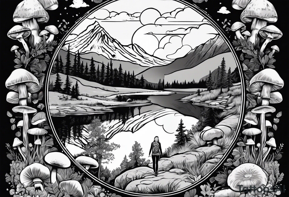 Whole picture encircled fully

Straight long blonde hair hippie girl in distance holding mushrooms in hand facing away toward mountains and creek surrounded by mushrooms long sleeve shirt and hiking pants; whole rendering within a full circle, no cut off circle tattoo idea